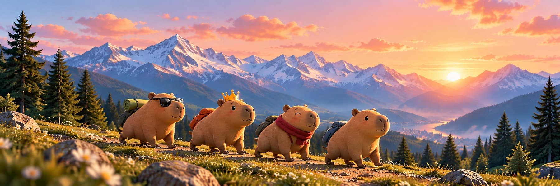 Four capybaras hiking a mountain trail together